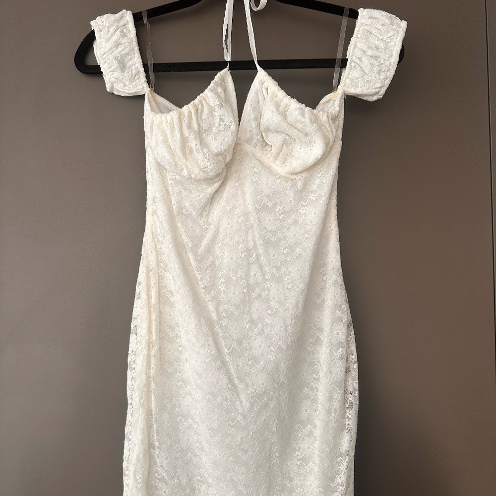 White Lace Off-Shoulder Front Tie Mini Dress